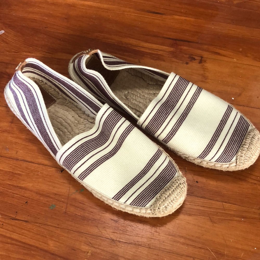 Tory Burch Awning Striped Espadrilles plum an Ivory  size 9